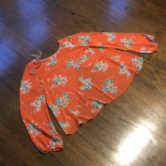 3/$10 The Vintage Shop Mesh See-Thru Floral Orange Split-Back Longsleeve Blouse - Picture 3 of 6